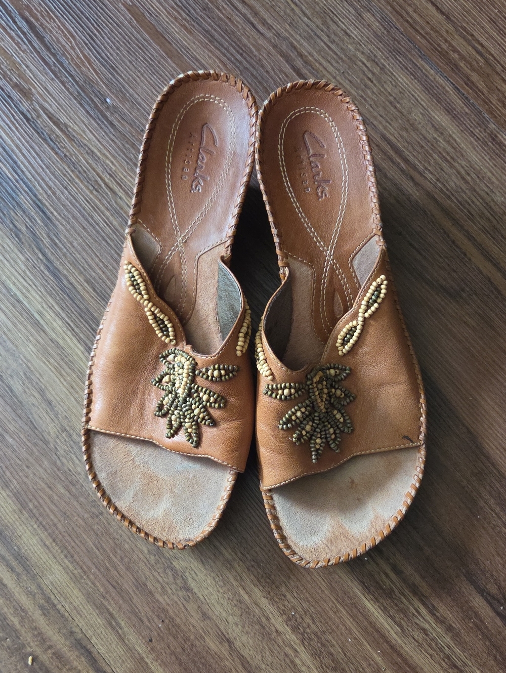 Clarks Tan Leather Beaded Slide Sandals